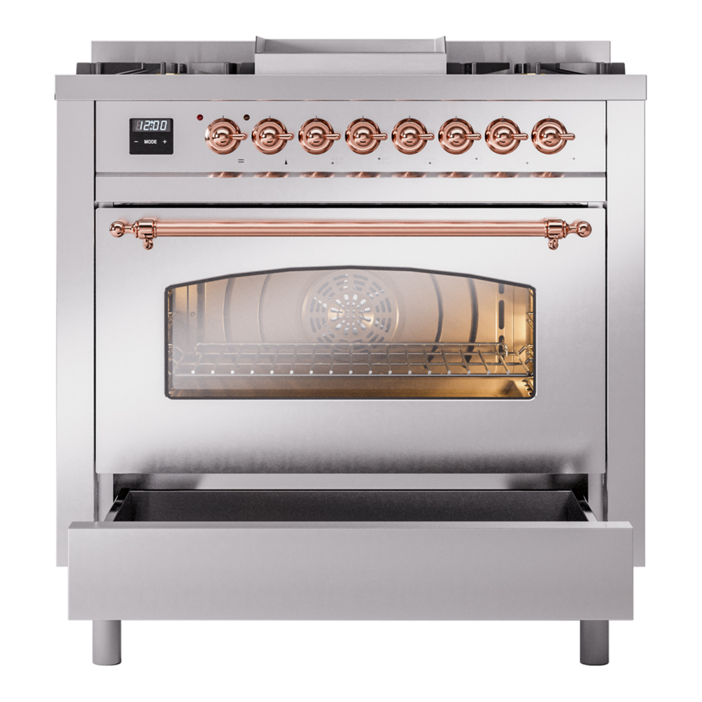 ILVE Nostalgie II 36" UP36FNMPSSP Dual Fuel Range drawer opened