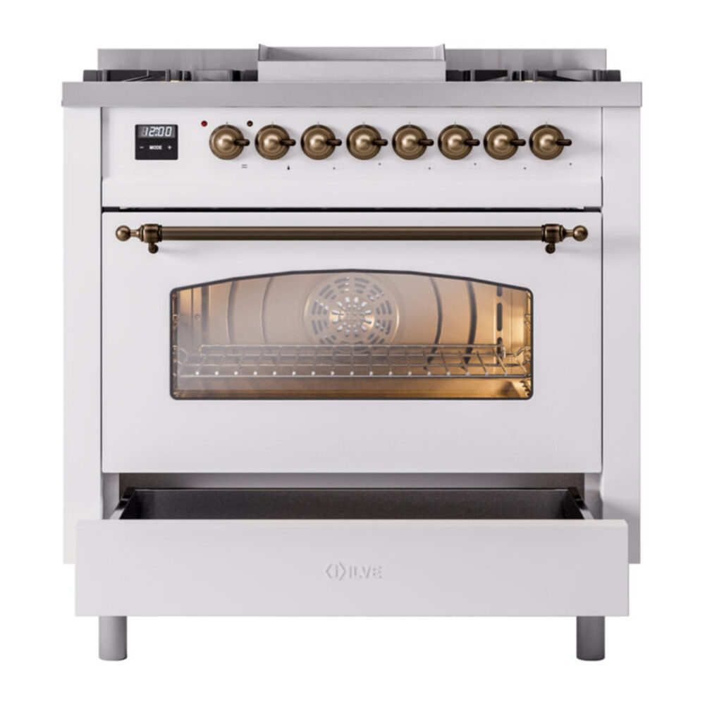 ILVE Nostalgie II 36" UP36FNMPWHBLP Dual Fuel Range drawer opened