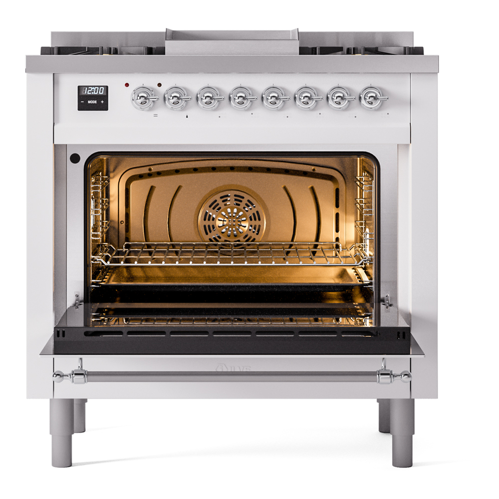 ILVE Nostalgie II 36" UP36FNMPWHCLP Dual Fuel Range door opened