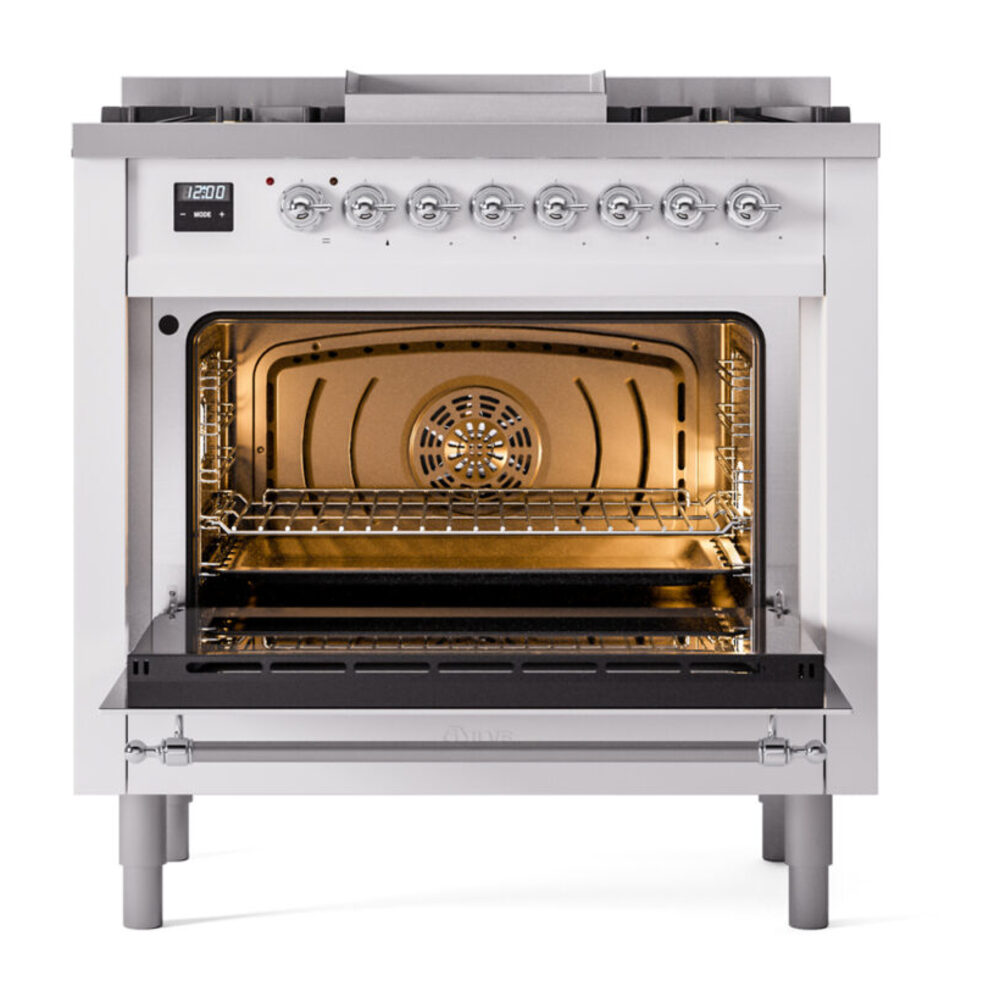 ILVE Nostalgie II 36" UP36FNMPWHCLP Dual Fuel Range door opened
