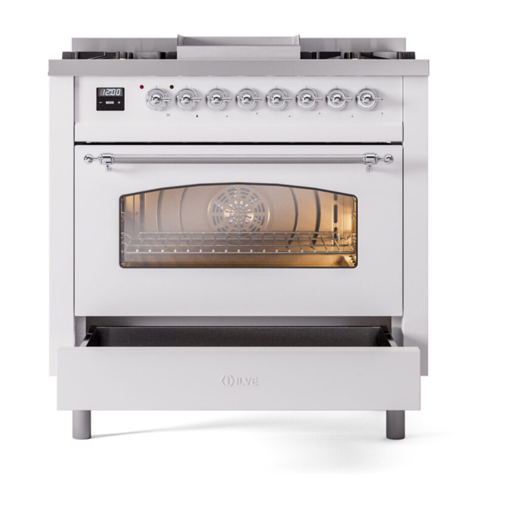 ILVE Nostalgie II 36" UP36FNMPWHC Dual Fuel Range drawer opened