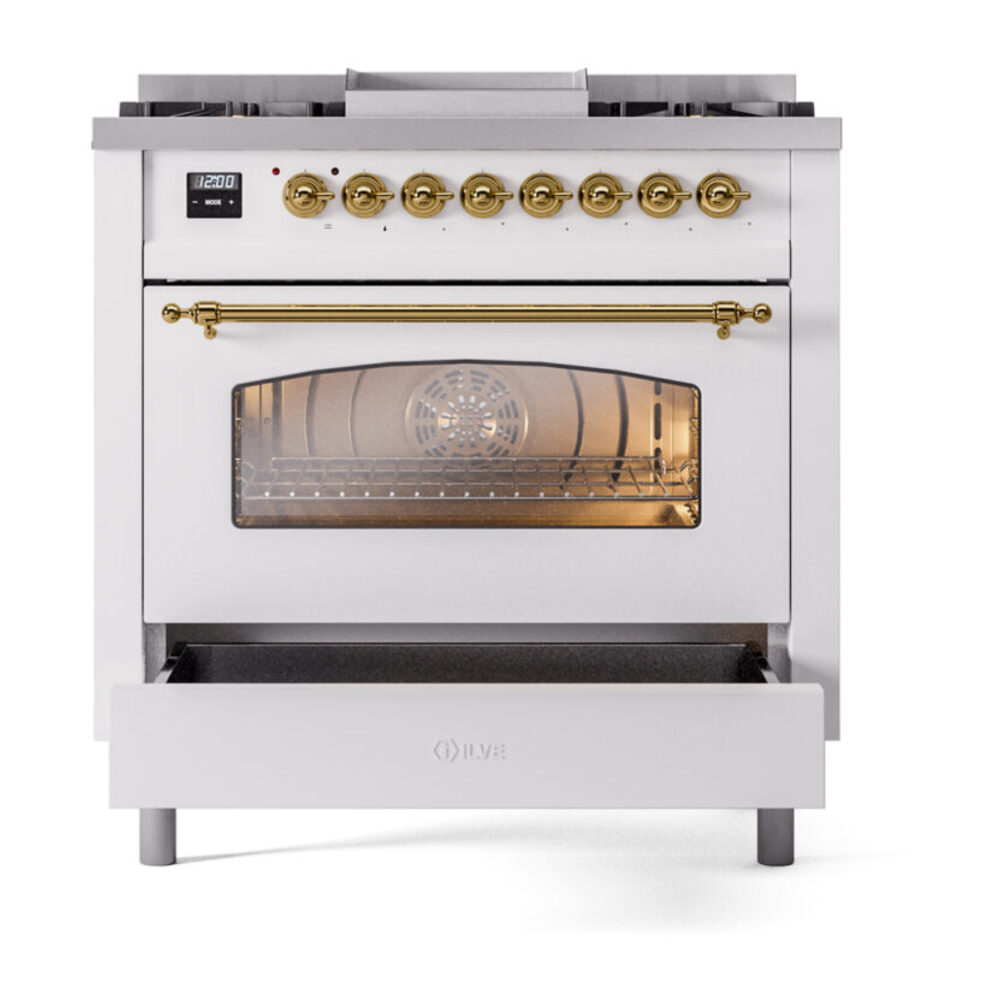 ILVE Nostalgie II 36" UP36FNMPWHGLP Dual Fuel Range drawer opened
