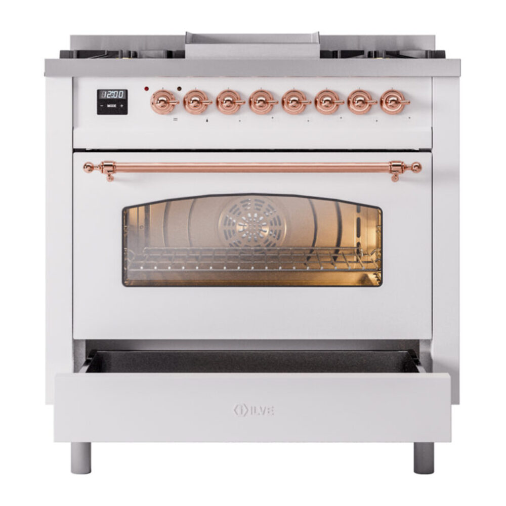 ILVE Nostalgie II 36" UP36FNMPWHP Dual Fuel Range drawer opened
