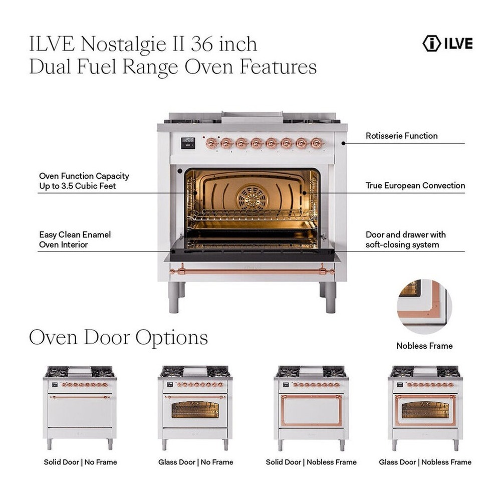 ILVE UP36FQNMPMMPLP Nostalgie II 36 inch Dual Fuel Range with 6 Burners and Griddle (Liquid Propane, Solid Door, Mediterranean Mint, Copper) 3 ILVE UP36FNM Nostalgie II 36 inch Dual Fuel Range with 6 Burners and Griddle