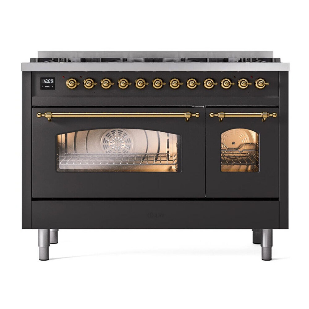 ILVE UP488NMPMGG Nostalgie II 48 inch Dual Fuel Range with 8 Black Brass Sealed Burners, Brass Trim (Limited Edition) (Natural Gas, Graphite Matte) 1 UP488NMPMGG