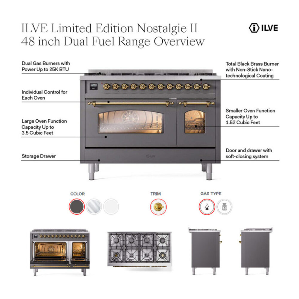 ILVE UP488NMP Nostalgie II 48 inch Dual Fuel Range with 8 Total Black Brass Sealed Burners, Brass Trim (Limited Edition)