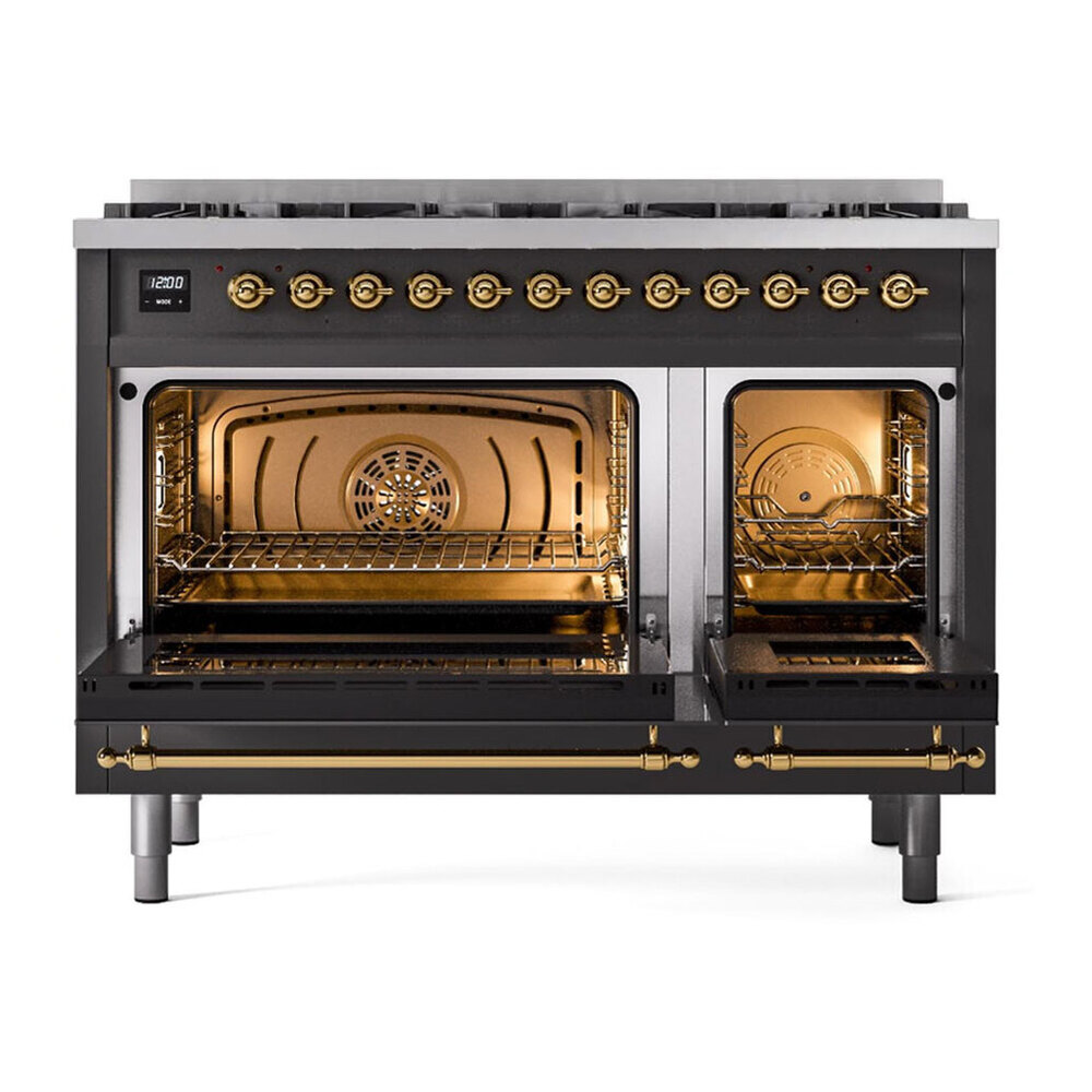 ILVE UP488NMPMGG Nostalgie II 48 inch Dual Fuel Range with 8 Black Brass Sealed Burners, Brass Trim (Limited Edition) (Natural Gas, Graphite Matte) 4 UP488NMPMGG oven doors opened