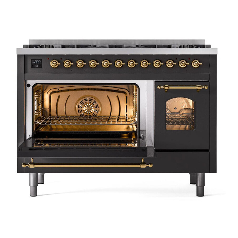 ILVE UP488NMPMGG Nostalgie II 48 inch Dual Fuel Range with 8 Black Brass Sealed Burners, Brass Trim (Limited Edition) (Natural Gas, Graphite Matte) 5 UP488NMPMGG main oven doors opened