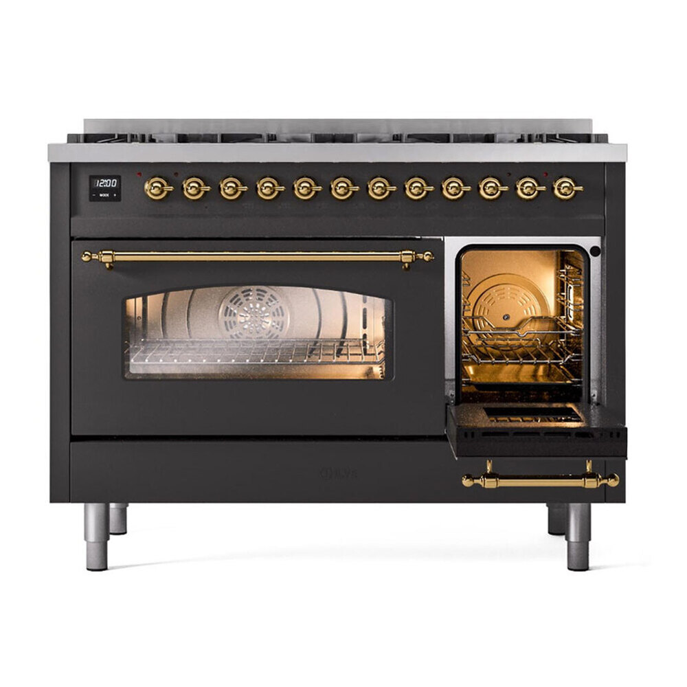 ILVE UP488NMPMGG Nostalgie II 48 inch Dual Fuel Range with 8 Black Brass Sealed Burners, Brass Trim (Limited Edition) (Natural Gas, Graphite Matte) 6 UP488NMPMGG side oven opened