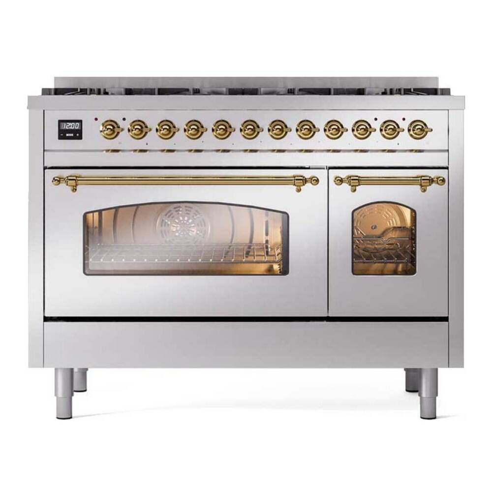 ILVE UP488NMPSSGLP Nostalgie II 48 inch Dual Fuel Range with 8 Black Brass Sealed Burners, Brass Trim (Limited Edition) (Liquid Propane, Stainless Steel) 1 UP488NMPSSGLP