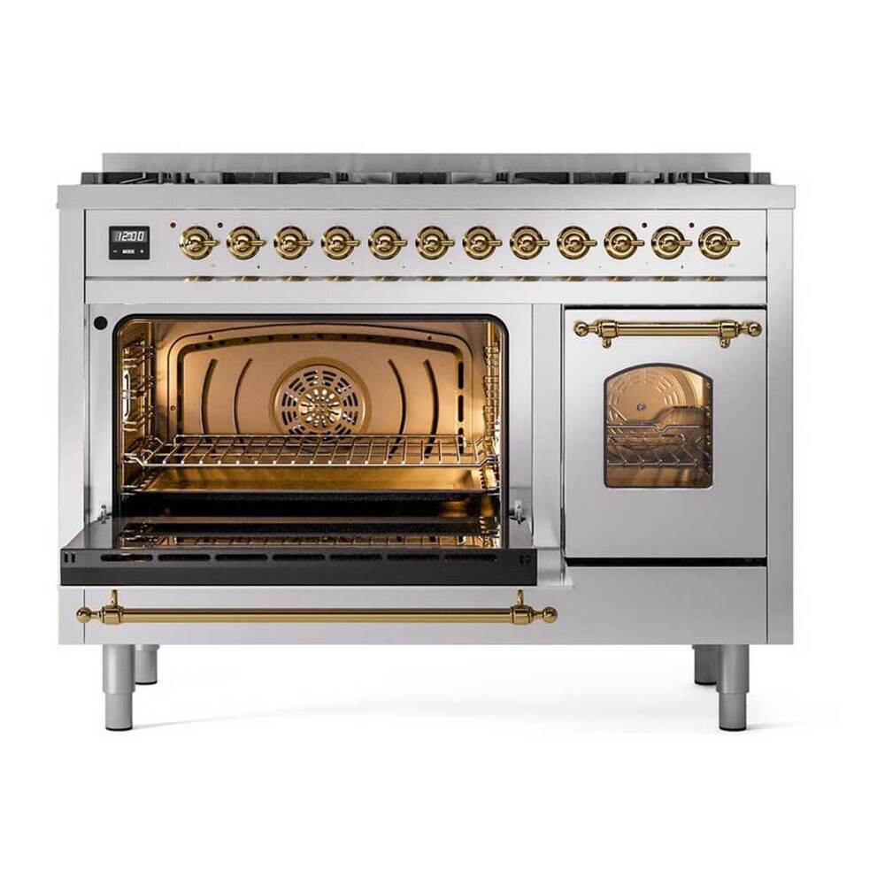 ILVE UP488NMPSSGLP Nostalgie II 48 inch Dual Fuel Range with 8 Black Brass Sealed Burners, Brass Trim (Limited Edition) (Liquid Propane, Stainless Steel) 5 UP488NMPSSGLP main oven opened