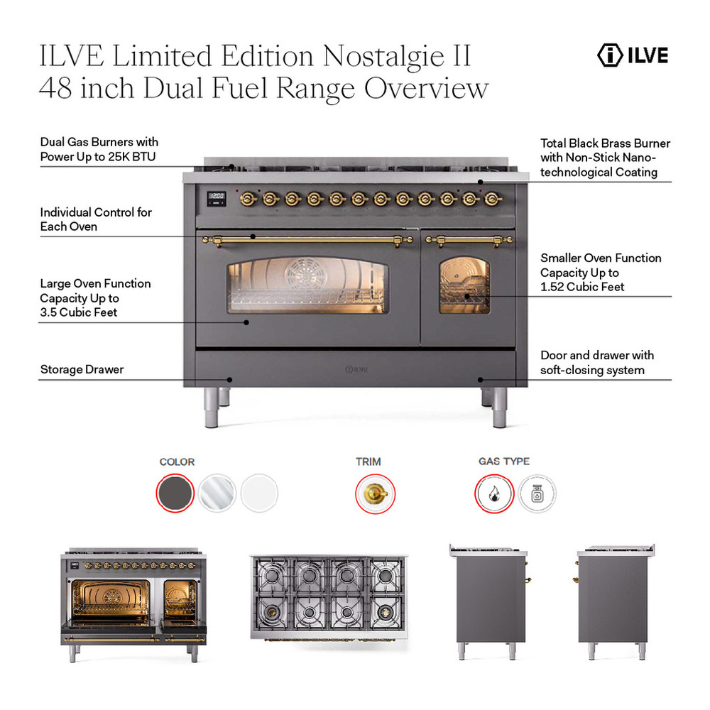 ILVE UP488NMPSSGLP Nostalgie II 48 inch Dual Fuel Range with 8 Black Brass Sealed Burners, Brass Trim (Limited Edition) (Liquid Propane, Stainless Steel) 2 ILVE UP488NMP Nostalgie II 48 inch Dual Fuel Range with 8 Total Black Brass Sealed Burners, Brass Trim (Limited Edition)