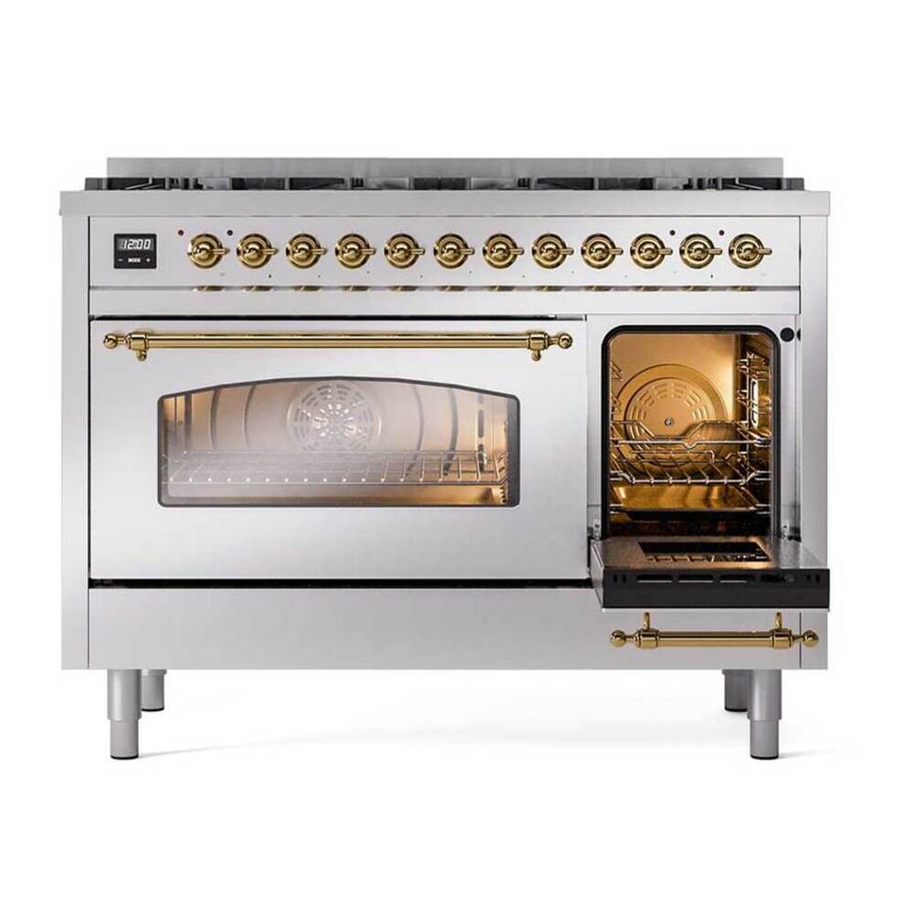 ILVE UP488NMPSSG Nostalgie II 48 inch Dual Fuel Range with 8 Black Brass Sealed Burners, Brass Trim (Limited Edition) (Natural Gas, Stainless Steel) 6 UP488NMPSSG side oven opened