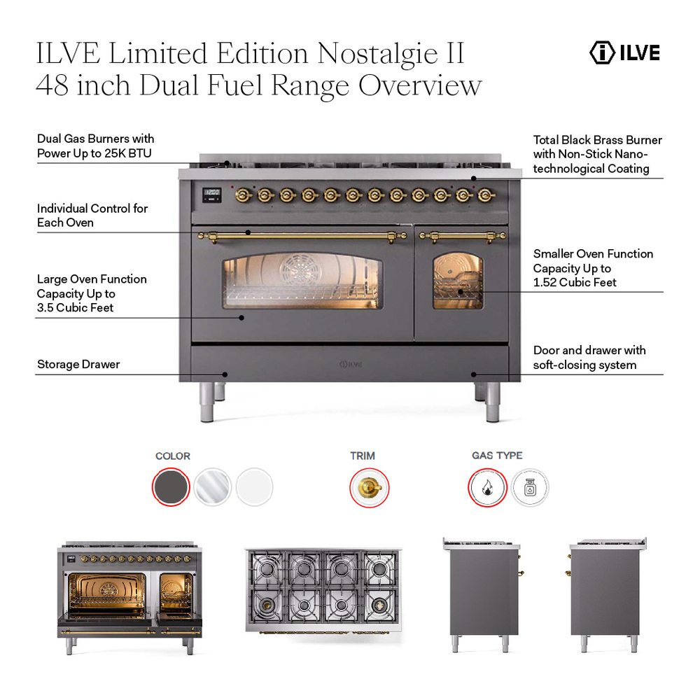 ILVE UP488NMP Nostalgie II 48 inch Dual Fuel Range with 8 Total Black Brass Sealed Burners, Brass Trim (Limited Edition)