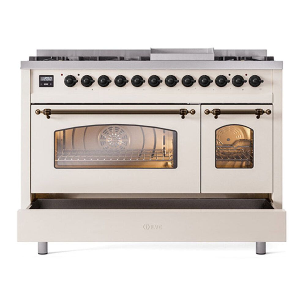 ILVE UP48FNMPAWBLP Nostalgie II 48 inch Dual Fuel Range with 5.02 cu. ft. Total Double Oven Capacity (8 Sealed Burners + Griddle, Liquid Propane, Triple Glass Door, Antique White, Burnished) 8 ILVE UP48F Nostalgie II 48 inch Dual Fuel Range with 5.02 cu. ft. Total Double Oven Capacity