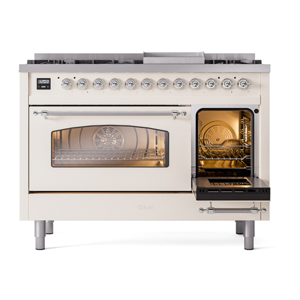 ILVE UP48FNMPAWCLP Nostalgie II 48 inch Dual Fuel Range with 5.02 cu. ft. Total Double Oven Capacity (8 Sealed Burners + Griddle, Liquid Propane, Triple Glass Door, Antique White, Chrome) 7 ILVE_UP48FNMPAWCLP_Nostalgie_II_48"_Dual_Fuel_Range_side_oven_door_opened