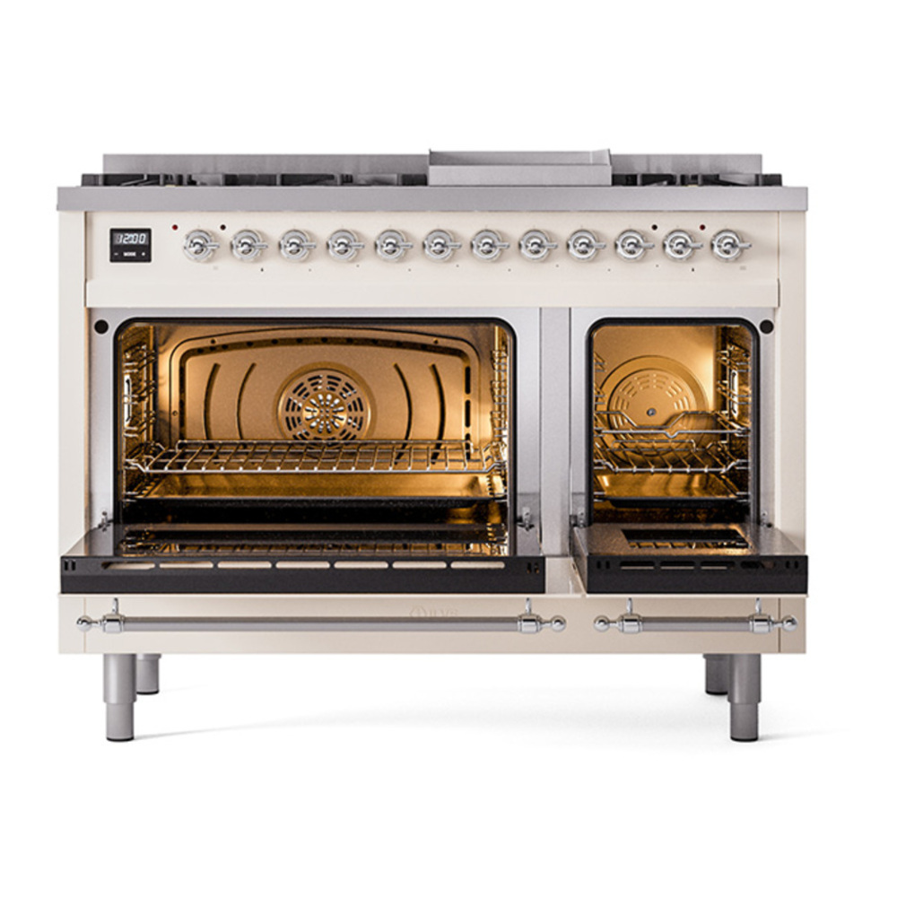 ILVE UP48FNMPAWC Nostalgie II 48 inch Dual Fuel Range with 5.02 cu. ft. Total Double Oven Capacity (8 Sealed Burners + Griddle, Natural Gas, Triple Glass Door, Antique White, Chrome) 5 ILVE_UP48FNMPAWC_Nostalgie_II_48"_Dual_Fuel_Range_oven_door_opened