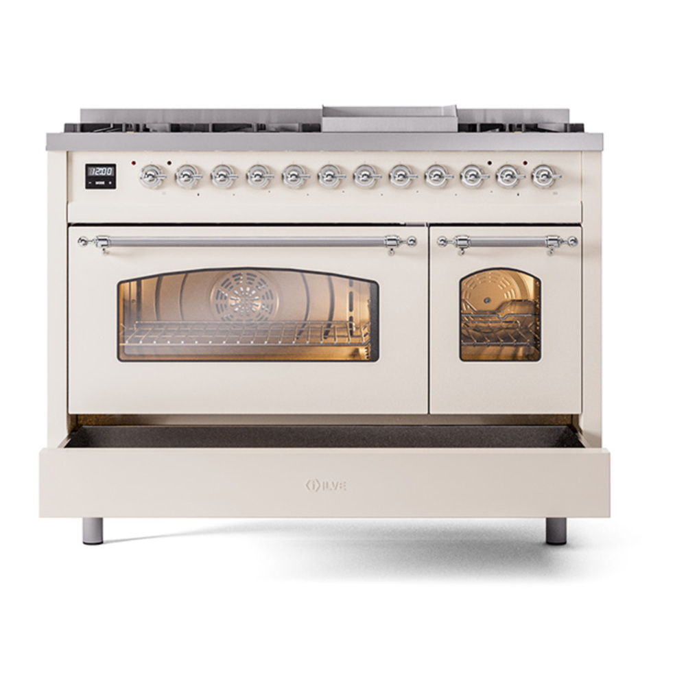 ILVE UP48FNMPAWC Nostalgie II 48 inch Dual Fuel Range with 5.02 cu. ft. Total Double Oven Capacity (8 Sealed Burners + Griddle, Natural Gas, Triple Glass Door, Antique White, Chrome) 8 ILVE_UP48FNMPAWC_Nostalgie_II_48"_Dual_Fuel_Range_drawer_opened