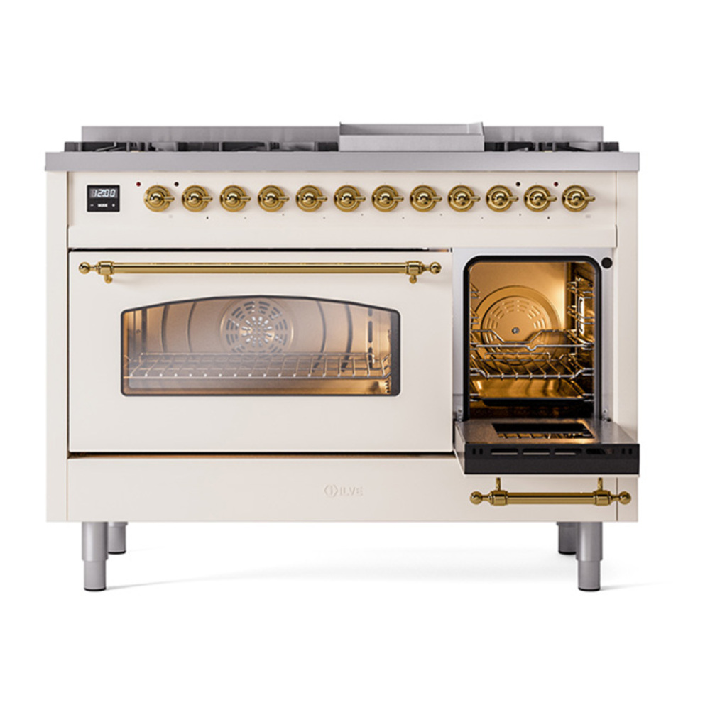 ILVE UP48FNMPAWGLP Nostalgie II 48 inch Dual Fuel Range with 5.02 cu. ft. Total Double Oven Capacity (8 Sealed Burners + Griddle, Liquid Propane, Triple Glass Door, Antique White, Brass) 7 ILVE_UP48FNMPAWGLP_Nostalgie_II_48"_Dual_Fuel_Range_side_oven_door_opened