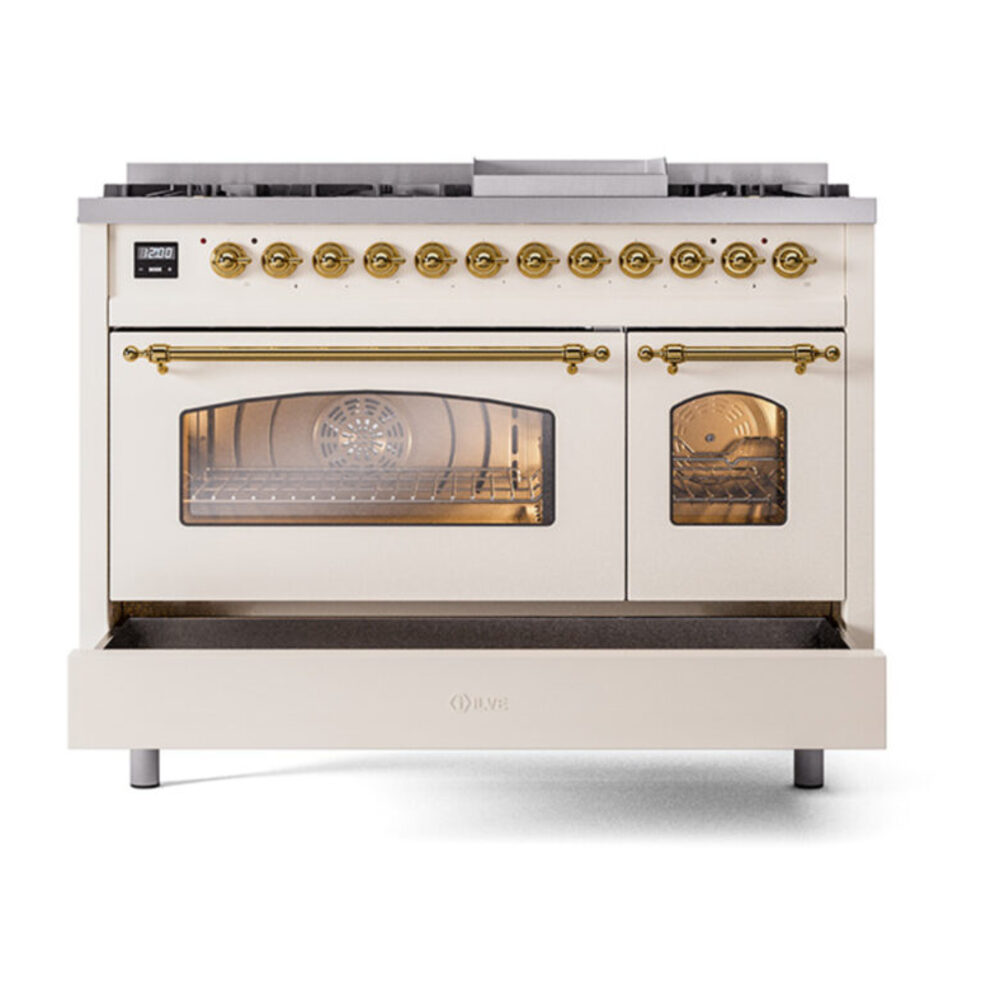 ILVE_UP48FNMPAWGLP_Nostalgie_II_48"_Dual_Fuel_Range_drawer_opened