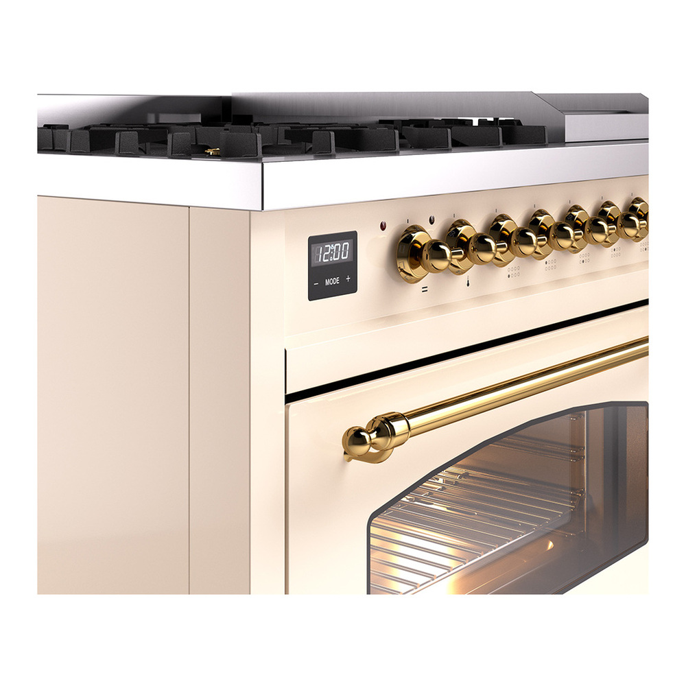 ILVE UP48FNMPAWGLP Nostalgie II 48 inch Dual Fuel Range with 5.02 cu. ft. Total Double Oven Capacity (8 Sealed Burners + Griddle, Liquid Propane, Triple Glass Door, Antique White, Brass) 9 ILVE_UP48FNMPAWGLP_Nostalgie_II_48"_Dual_Fuel_Range_details