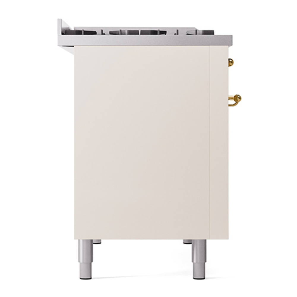 ILVE UP48FNMPAWGLP Nostalgie II 48 inch Dual Fuel Range with 5.02 cu. ft. Total Double Oven Capacity (8 Sealed Burners + Griddle, Liquid Propane, Triple Glass Door, Antique White, Brass) 11 ILVE_UP48FNMPAWGLP_Nostalgie_II_48"_Dual_Fuel_Range_left_side