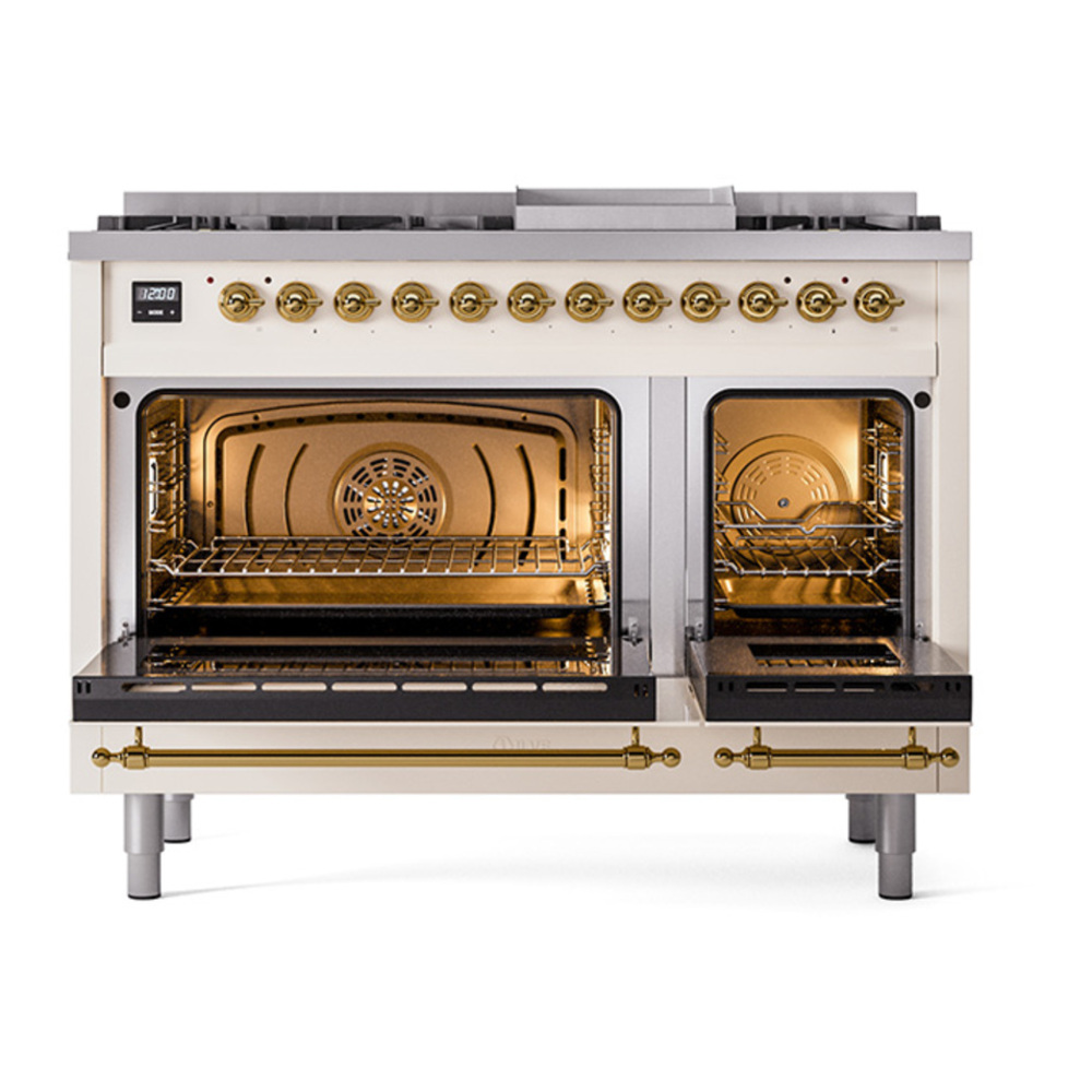 ILVE UP48FNMPAWG Nostalgie II 48 inch Dual Fuel Range with 5.02 cu. ft. Total Double Oven Capacity (8 Sealed Burners + Griddle, Natural Gas, Triple Glass Door, Antique White, Brass) 5 ILVE_UP48FNMPAWG_Nostalgie_II_48"_Dual_Fuel_Range_oven_door_opened