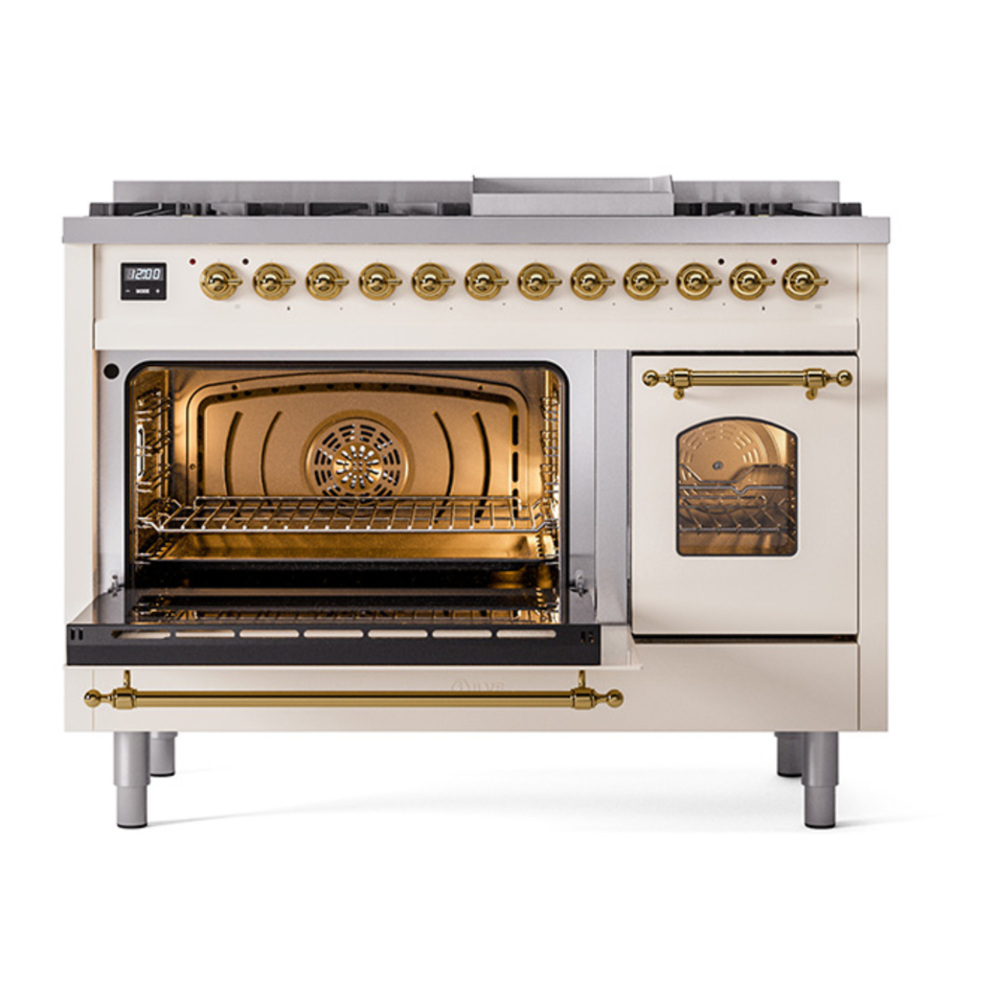 ILVE UP48FNMPAWG Nostalgie II 48 inch Dual Fuel Range with 5.02 cu. ft. Total Double Oven Capacity (8 Sealed Burners + Griddle, Natural Gas, Triple Glass Door, Antique White, Brass) 6 ILVE_UP48FNMPAWG_Nostalgie_II_48"_Dual_Fuel_Range_main_oven_door_opened