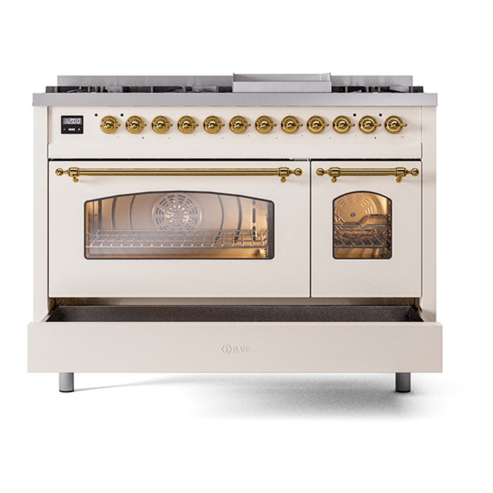 ILVE UP48FNMPAWG Nostalgie II 48 inch Dual Fuel Range with 5.02 cu. ft. Total Double Oven Capacity (8 Sealed Burners + Griddle, Natural Gas, Triple Glass Door, Antique White, Brass) 8 ILVE_UP48FNMPAWG_Nostalgie_II_48"_Dual_Fuel_Range_drawer_opened