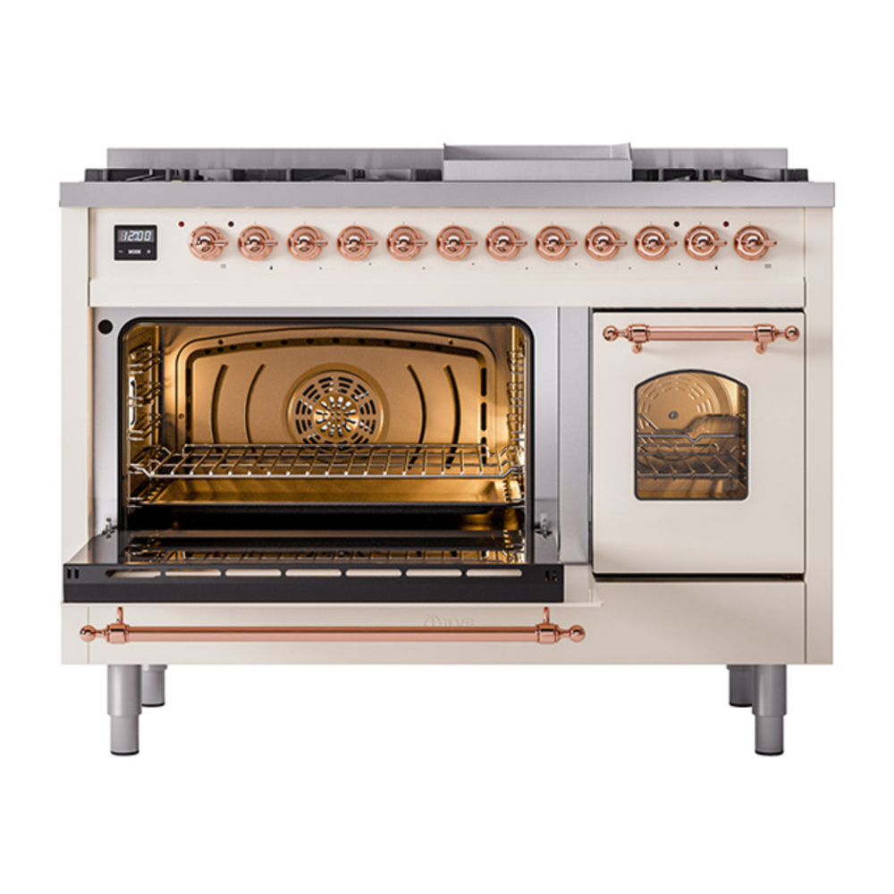 ILVE UP48FNMPAWPLP Nostalgie II 48 inch Dual Fuel Range with 5.02 cu. ft. Total Double Oven Capacity (8 Sealed Burners + Griddle, Liquid Propane, Triple Glass Door, Antique White, Copper) 6 ILVE_UP48FNMPAWPLP_Nostalgie_II_48"_Dual_Fuel_Range_main_oven_door_opened