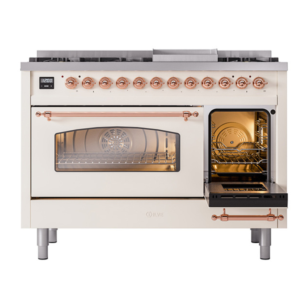 ILVE UP48FNMPAWPLP Nostalgie II 48 inch Dual Fuel Range with 5.02 cu. ft. Total Double Oven Capacity (8 Sealed Burners + Griddle, Liquid Propane, Triple Glass Door, Antique White, Copper) 7 ILVE_UP48FNMPAWPLP_Nostalgie_II_48"_Dual_Fuel_Range_side_oven_door_opened