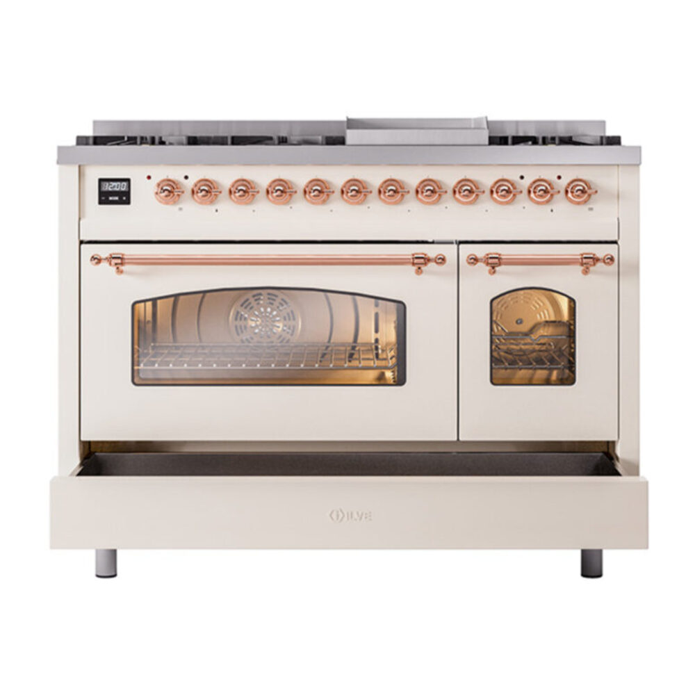 ILVE_UP48FNMPAWPLP_Nostalgie_II_48"_Dual_Fuel_Range_drawer_opened