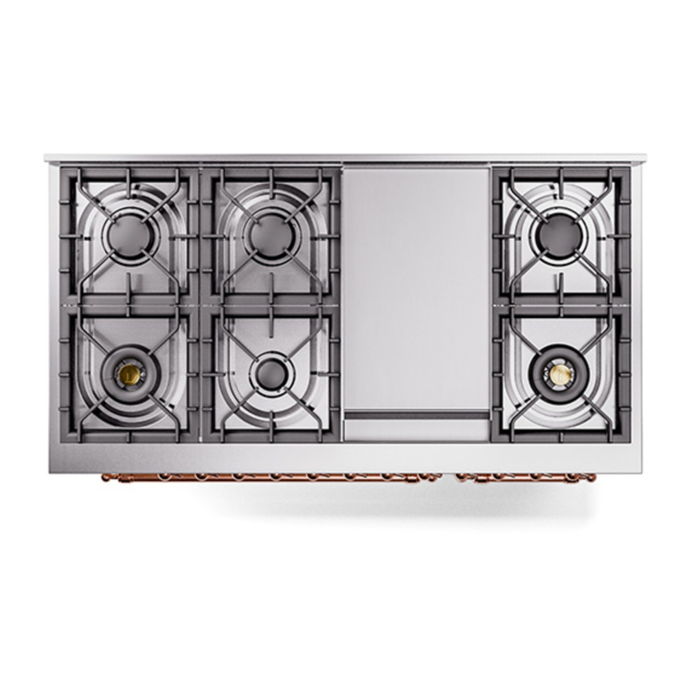 ILVE UP48FNMPAWPLP Nostalgie II 48 inch Dual Fuel Range with 5.02 cu. ft. Total Double Oven Capacity (8 Sealed Burners + Griddle, Liquid Propane, Triple Glass Door, Antique White, Copper) 10 ILVE_UP48FNMPAWPLP_Nostalgie_II_48"_Dual_Fuel_Range_top_view