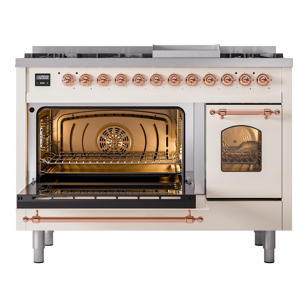 ILVE UP48FNMPAWP Nostalgie II 48 inch Dual Fuel Range with 5.02 cu. ft. Total Double Oven Capacity (8 Sealed Burners + Griddle, Natural Gas, Triple Glass Door, Antique White, Copper) 6 ILVE_UP48FNMPAWP_Nostalgie_II_48"_Dual_Fuel_Range_main_oven_door_opened