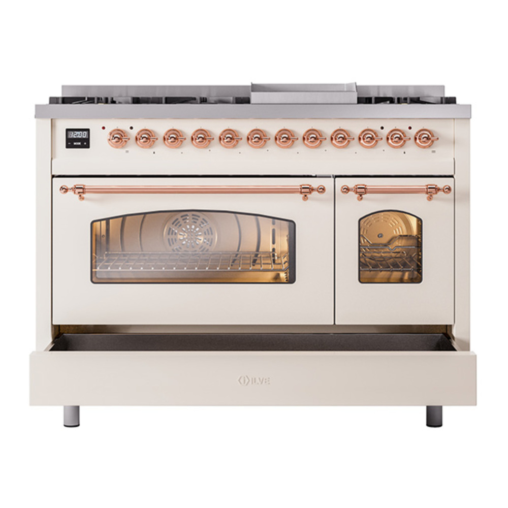 ILVE UP48FNMPAWP Nostalgie II 48 inch Dual Fuel Range with 5.02 cu. ft. Total Double Oven Capacity (8 Sealed Burners + Griddle, Natural Gas, Triple Glass Door, Antique White, Copper) 8 ILVE_UP48FNMPAWP_Nostalgie_II_48"_Dual_Fuel_Range_drawer_opened
