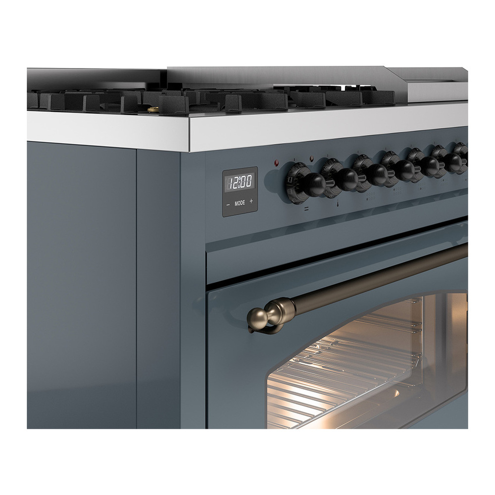 ILVE UP48FNMPBGBLP Nostalgie II 48 inch Dual Fuel Range with 5.02 cu. ft. Total Double Oven Capacity (8 Sealed Burners + Griddle, Liquid Propane, Triple Glass Door, Blue Grey, Burnished) 12 ILVE_UP48FNMPBGBLP_Nostalgie_II_48"_Dual_Fuel_Range_details