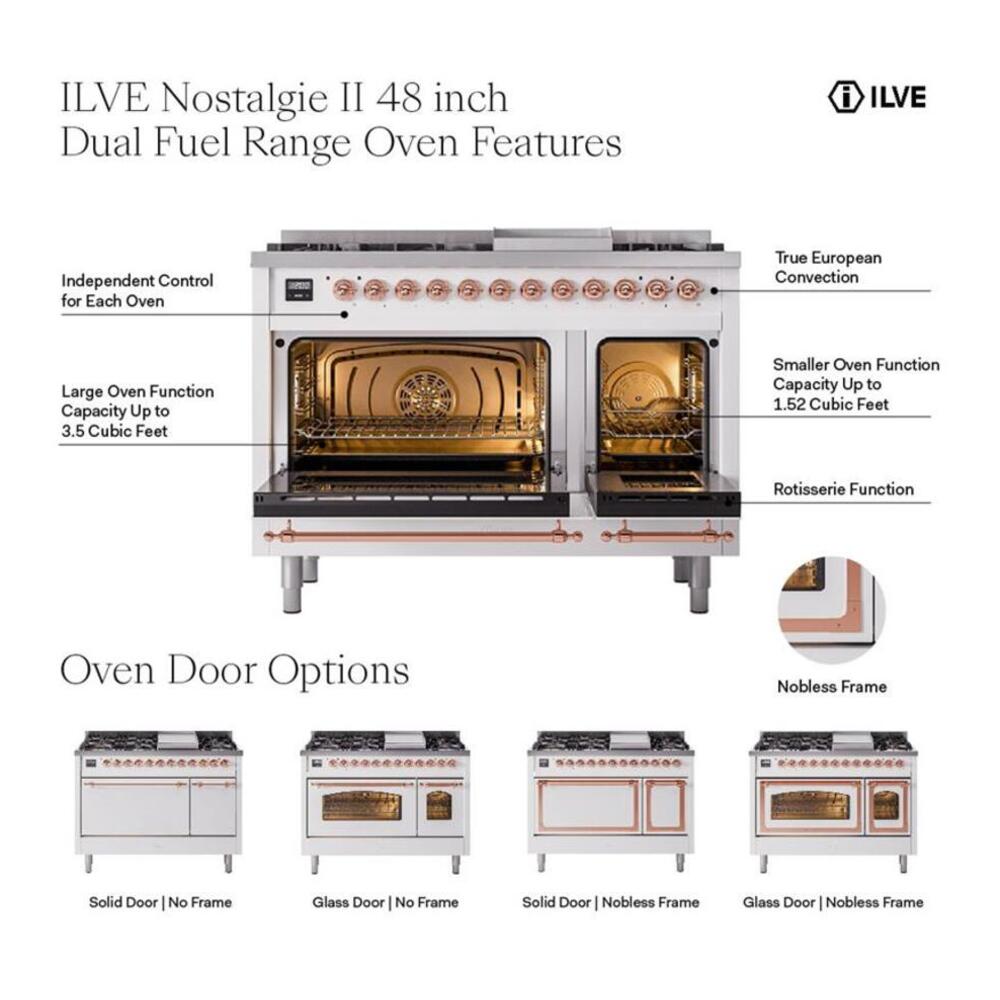ILVE UP48FNMPBGB Nostalgie II 48 inch Dual Fuel Range with 5.02 cu. ft. Total Double Oven Capacity (8 Sealed Burners + Griddle, Natural Gas, Triple Glass Door, Blue Grey, Burnished) 6 ILVE UP48F Nostalgie II 48 inch Dual Fuel Range