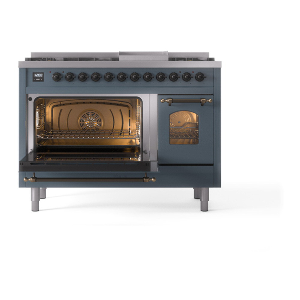 ILVE UP48FNMPBGB Nostalgie II 48 inch Dual Fuel Range with 5.02 cu. ft. Total Double Oven Capacity (8 Sealed Burners + Griddle, Natural Gas, Triple Glass Door, Blue Grey, Burnished) 9 ILVE_UP48FNMPBGB_Nostalgie_II_48"_Dual_Fuel_Range_main_oven_door_opened