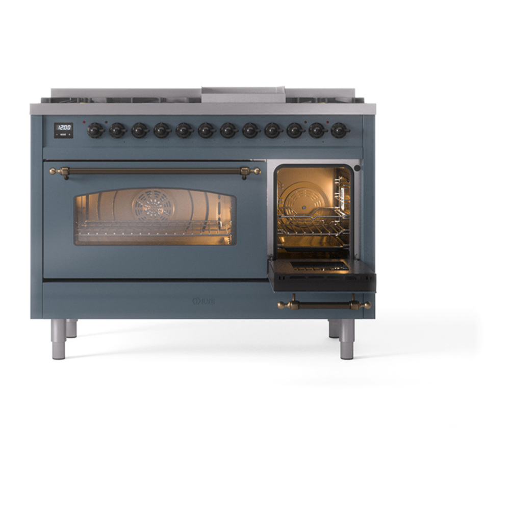 ILVE UP48FNMPBGB Nostalgie II 48 inch Dual Fuel Range with 5.02 cu. ft. Total Double Oven Capacity (8 Sealed Burners + Griddle, Natural Gas, Triple Glass Door, Blue Grey, Burnished) 10 ILVE_UP48FNMPBGB_Nostalgie_II_48"_Dual_Fuel_Range_side_oven_door_opened