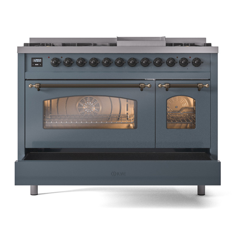 ILVE UP48FNMPBGB Nostalgie II 48 inch Dual Fuel Range with 5.02 cu. ft. Total Double Oven Capacity (8 Sealed Burners + Griddle, Natural Gas, Triple Glass Door, Blue Grey, Burnished) 11 ILVE_UP48FNMPBGB_Nostalgie_II_48"_Dual_Fuel_Range_drawer_opened