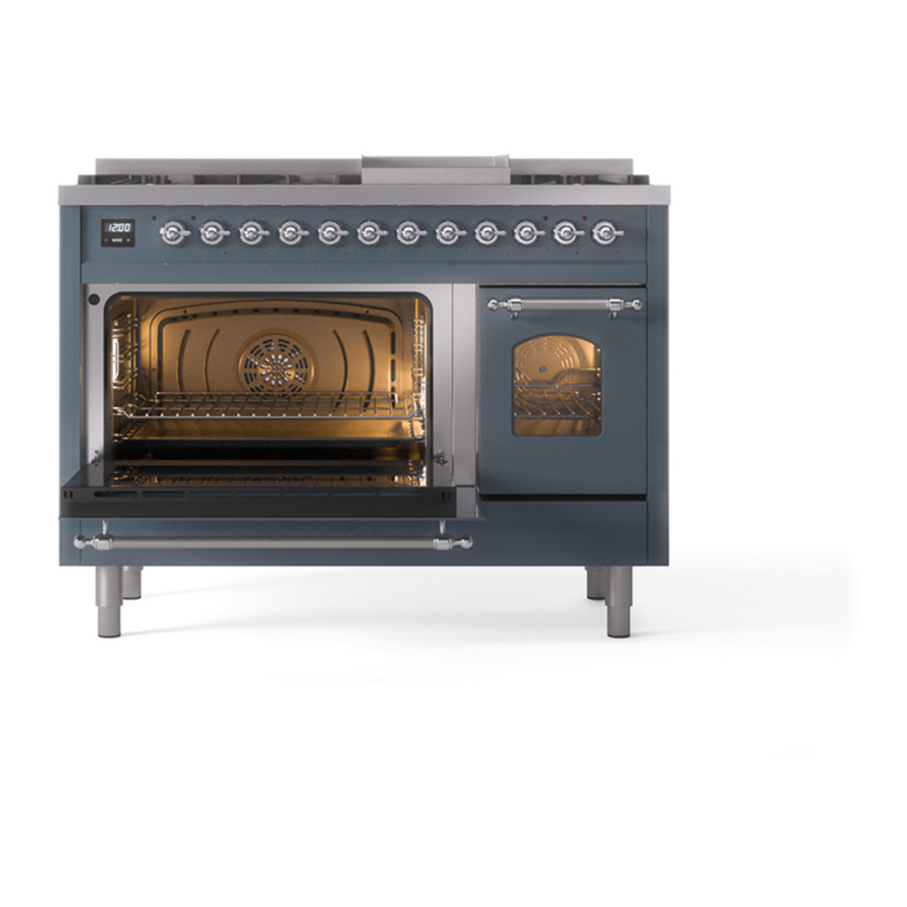 ILVE UP48FNMPBGCLP Nostalgie II 48 inch Dual Fuel Range with 5.02 cu. ft. Total Double Oven Capacity (8 Sealed Burners + Griddle, Liquid Propane, Triple Glass Door, Blue Grey, Chrome) 6 ILVE_UP48FNMPBGCLP_Nostalgie_II_48"_Dual_Fuel_Range_main_oven_door_opened