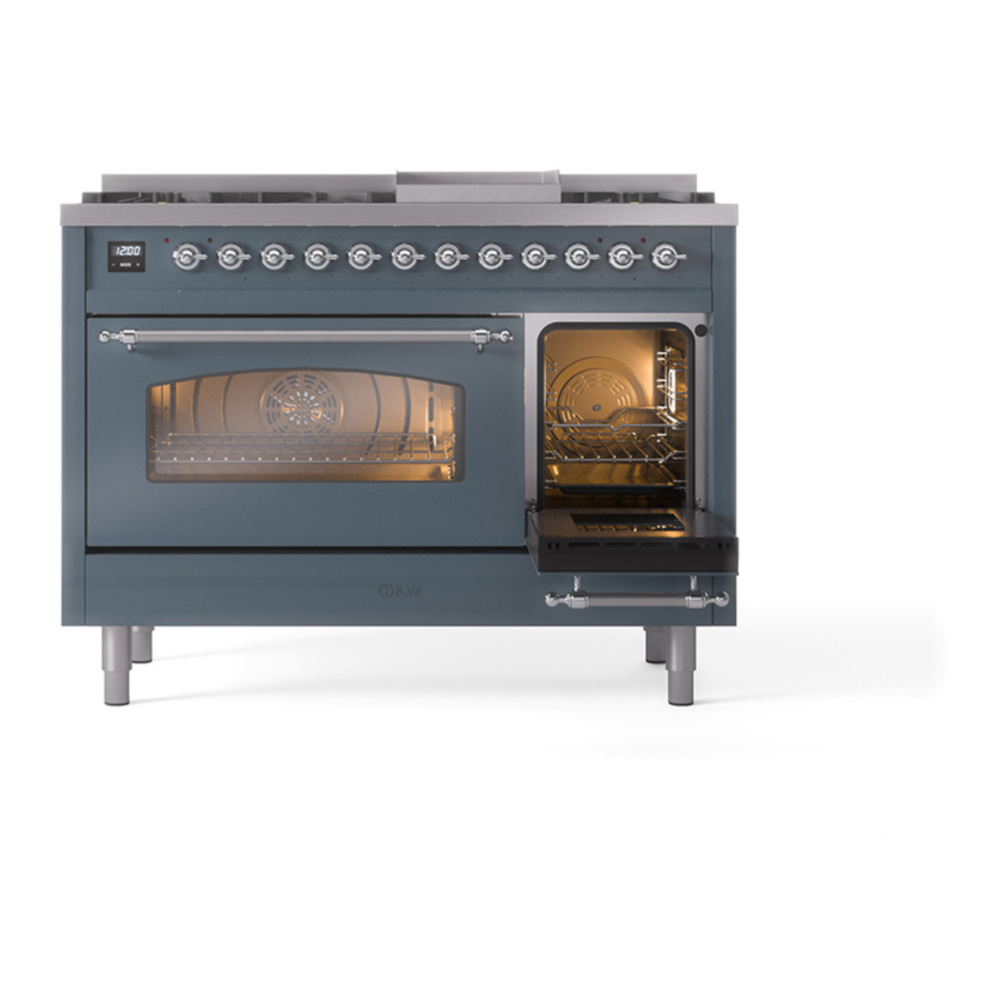 ILVE UP48FNMPBGCLP Nostalgie II 48 inch Dual Fuel Range with 5.02 cu. ft. Total Double Oven Capacity (8 Sealed Burners + Griddle, Liquid Propane, Triple Glass Door, Blue Grey, Chrome) 7 ILVE_UP48FNMPBGCLP_Nostalgie_II_48"_Dual_Fuel_Range_side_oven_door_opened