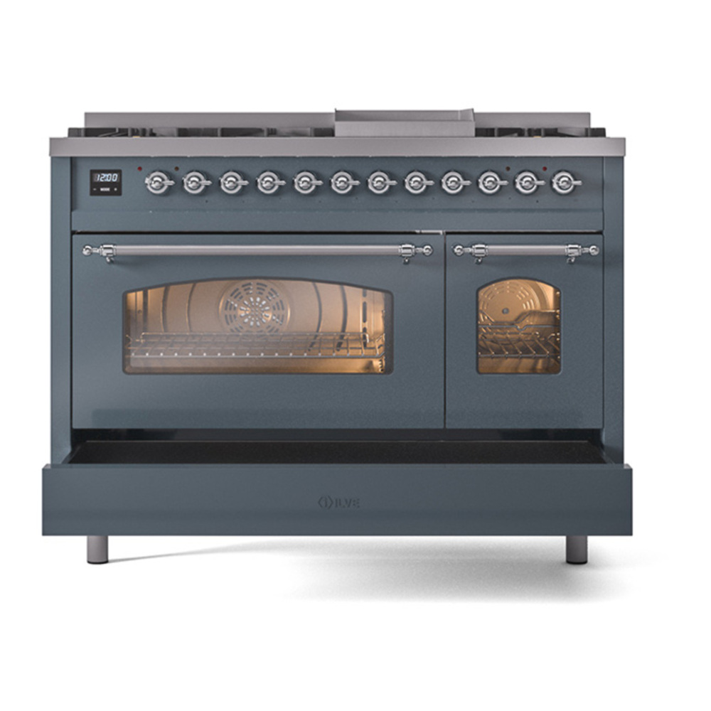 ILVE UP48FNMPBGCLP Nostalgie II 48 inch Dual Fuel Range with 5.02 cu. ft. Total Double Oven Capacity (8 Sealed Burners + Griddle, Liquid Propane, Triple Glass Door, Blue Grey, Chrome) 8 ILVE_UP48FNMPBGCLP_Nostalgie_II_48"_Dual_Fuel_Range_drawer_opened