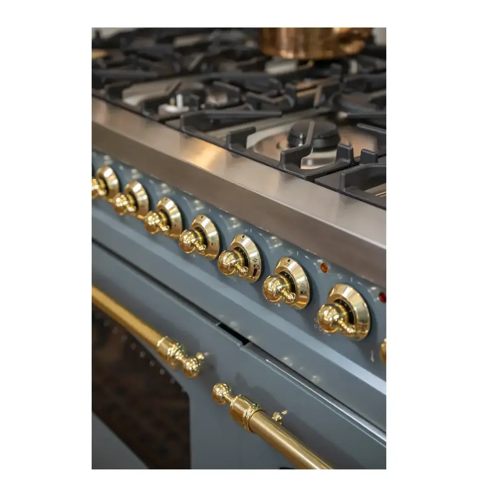 ILVE UP48FNMPBGGLP Nostalgie II 48 inch Dual Fuel Range with 5.02 cu. ft. Total Double Oven Capacity (8 Sealed Burners + Griddle, Liquid Propane, Triple Glass Door, Blue Grey, Brass) 3 ILVE UP48F Nostalgie II 48 inch Dual Fuel Range