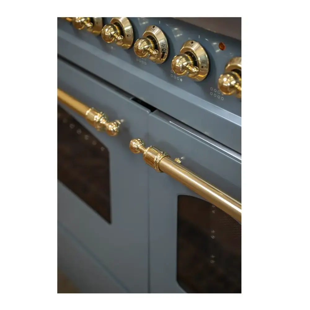 ILVE UP48FNMPBGGLP Nostalgie II 48 inch Dual Fuel Range with 5.02 cu. ft. Total Double Oven Capacity (8 Sealed Burners + Griddle, Liquid Propane, Triple Glass Door, Blue Grey, Brass) 4 ILVE UP48F Nostalgie II 48 inch Dual Fuel Range