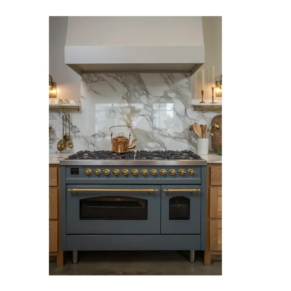 ILVE UP48FNMPBGGLP Nostalgie II 48 inch Dual Fuel Range with 5.02 cu. ft. Total Double Oven Capacity (8 Sealed Burners + Griddle, Liquid Propane, Triple Glass Door, Blue Grey, Brass) 5 ILVE UP48F Nostalgie II 48 inch Dual Fuel Range