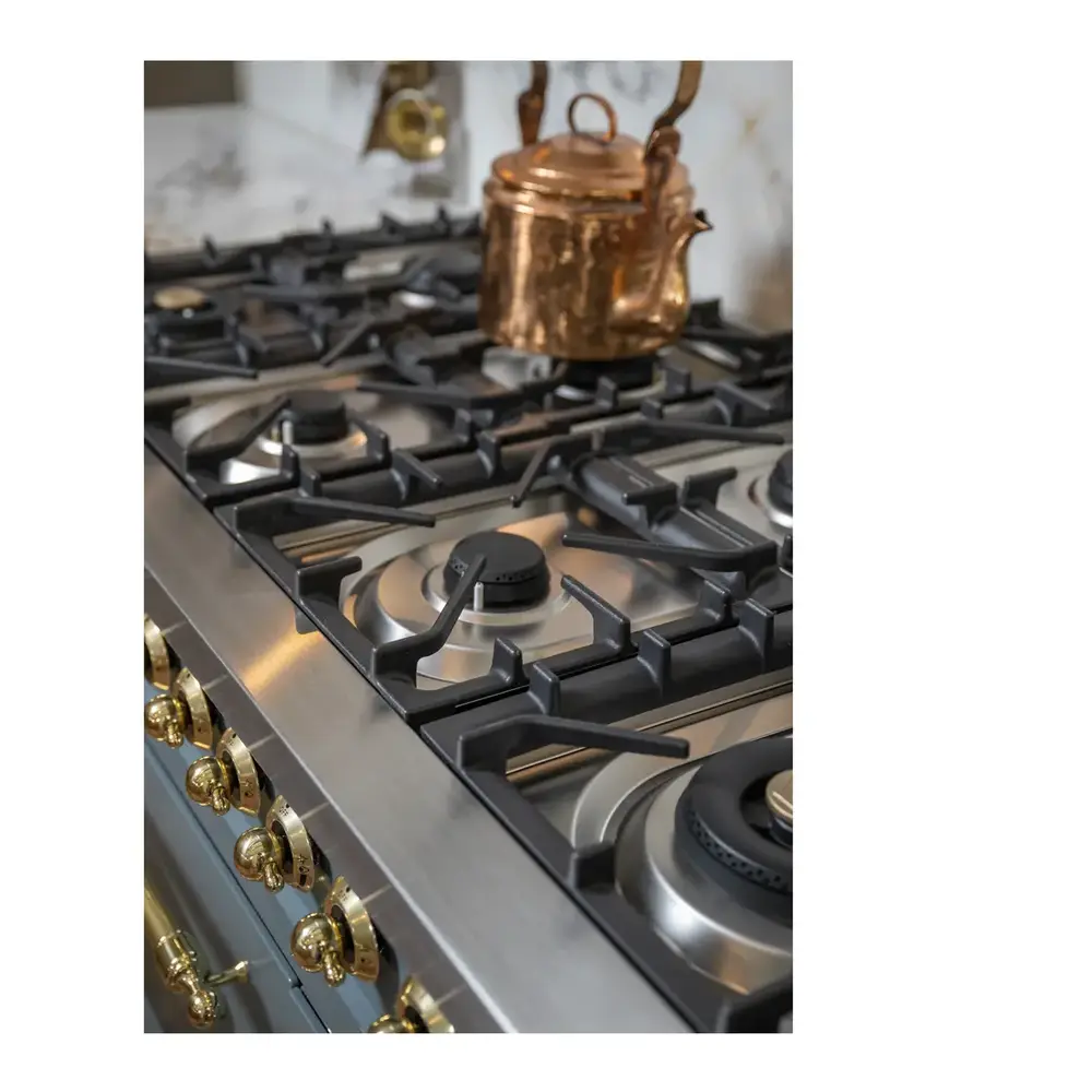 ILVE UP48FNMPBGGLP Nostalgie II 48 inch Dual Fuel Range with 5.02 cu. ft. Total Double Oven Capacity (8 Sealed Burners + Griddle, Liquid Propane, Triple Glass Door, Blue Grey, Brass) 6 ILVE UP48F Nostalgie II 48 inch Dual Fuel Range