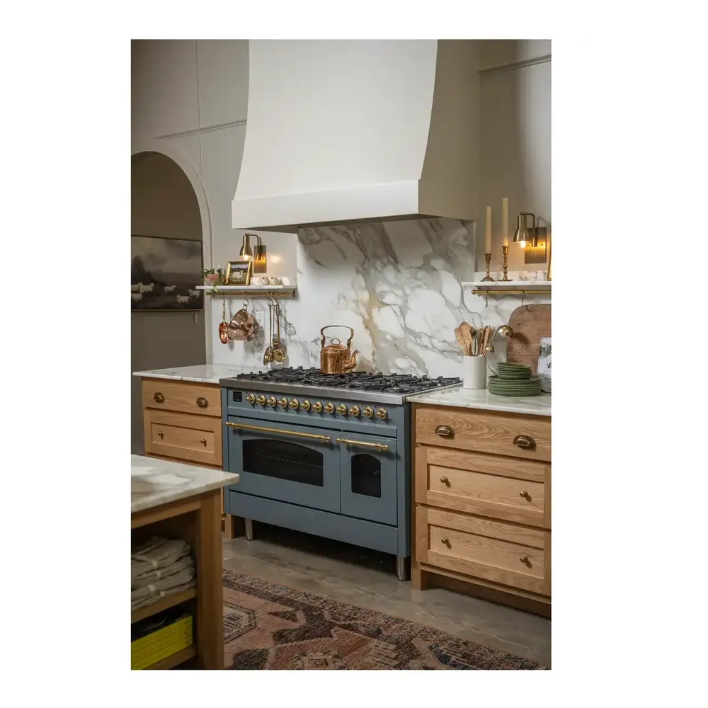 ILVE UP48FNMPBGGLP Nostalgie II 48 inch Dual Fuel Range with 5.02 cu. ft. Total Double Oven Capacity (8 Sealed Burners + Griddle, Liquid Propane, Triple Glass Door, Blue Grey, Brass) 7 ILVE UP48F Nostalgie II 48 inch Dual Fuel Range
