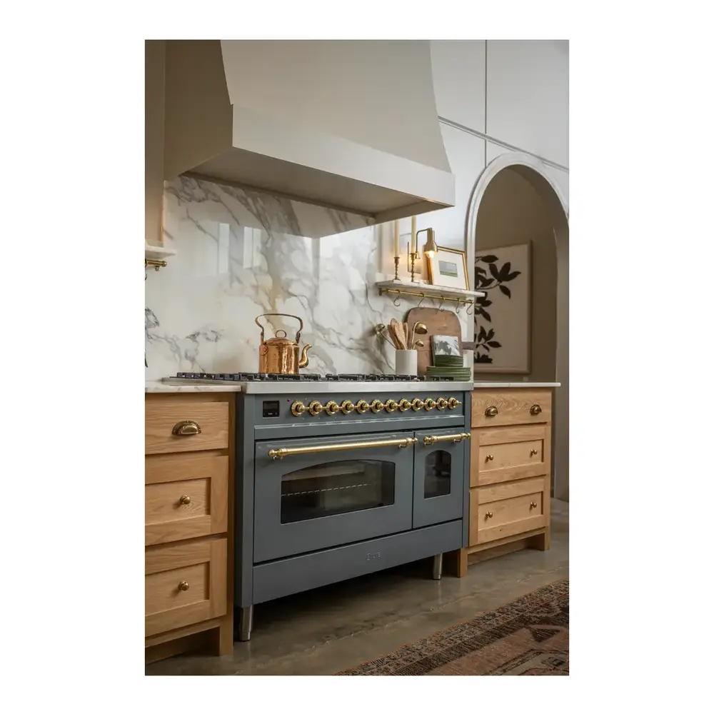 ILVE UP48FNMPBGGLP Nostalgie II 48 inch Dual Fuel Range with 5.02 cu. ft. Total Double Oven Capacity (8 Sealed Burners + Griddle, Liquid Propane, Triple Glass Door, Blue Grey, Brass) 9 ILVE UP48F Nostalgie II 48 inch Dual Fuel Range