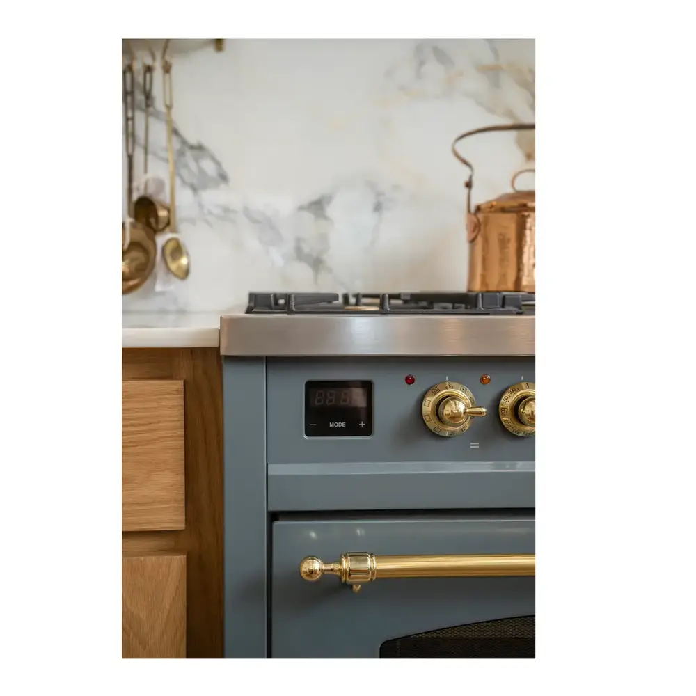 ILVE UP48FNMPBGGLP Nostalgie II 48 inch Dual Fuel Range with 5.02 cu. ft. Total Double Oven Capacity (8 Sealed Burners + Griddle, Liquid Propane, Triple Glass Door, Blue Grey, Brass) 10 ILVE UP48F Nostalgie II 48 inch Dual Fuel Range